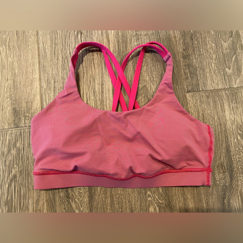 Lululemon Pink and Grey striped Crisscross Sports Bra Size 10 Padded